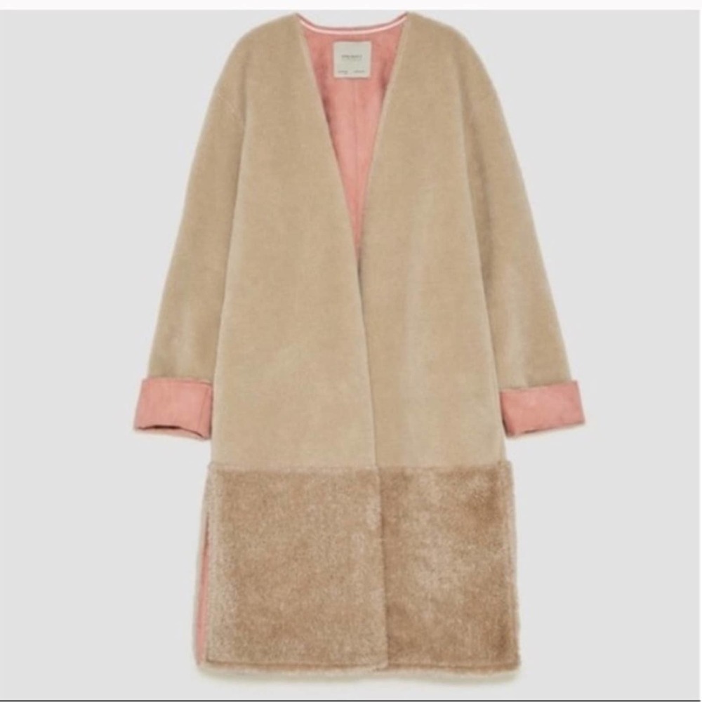 Zara Sheepskin coat fleece faux fur suede  Coat M open front cream Beige pink